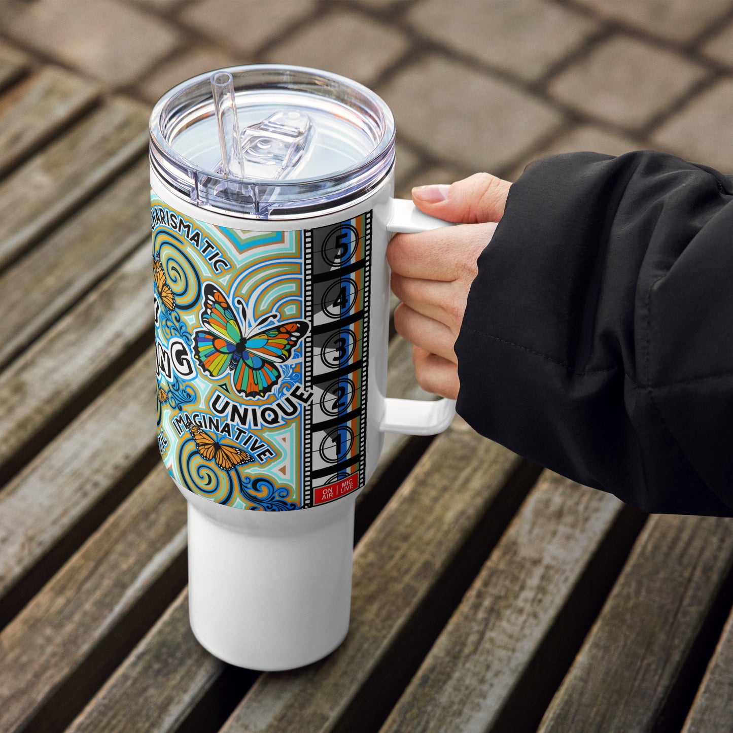 Currently Butterfly 40 oz Travel Mug with a handle