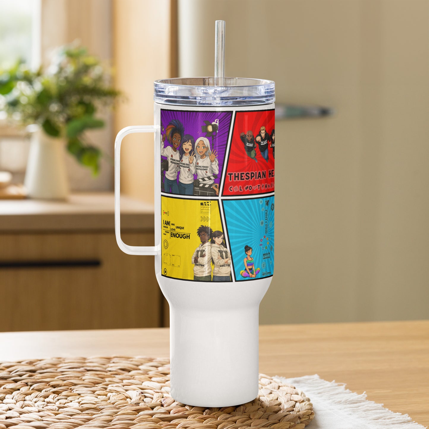 White tumbler with colorful design on a wooden table