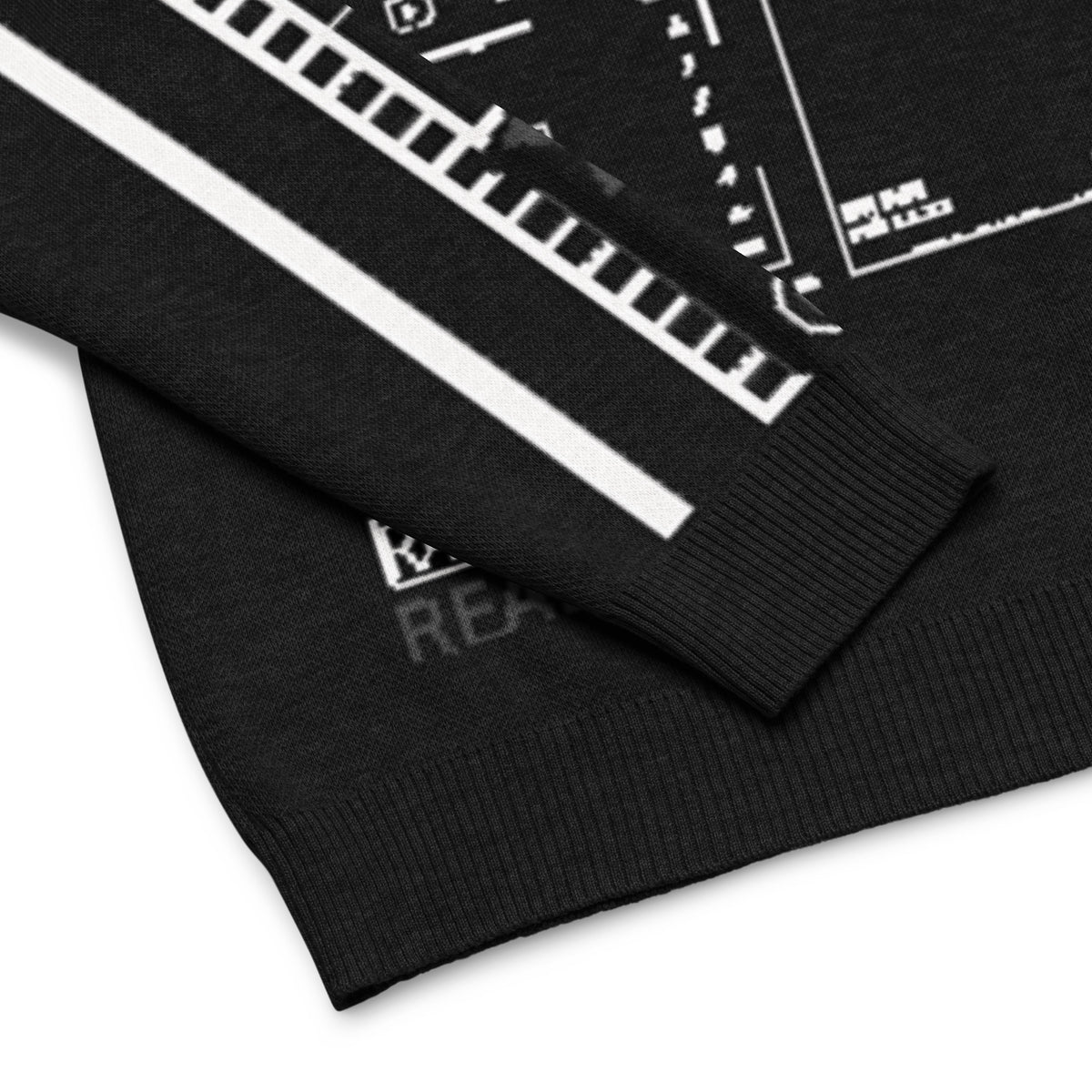 Classic-fit knitted crewneck sweater in black featuring a âProfessional Drama Queenâ design with theater masks and film icons. Unique Countdown Sleeves in purple, black, gray, and white celebrate the art of acting and filmmaking. Detail are arm