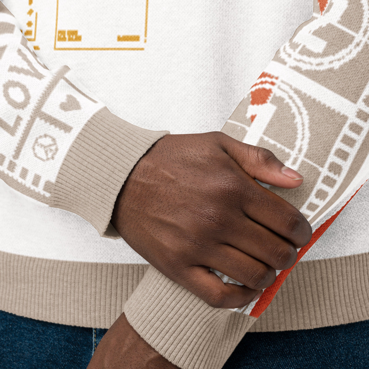 Countdown Sleeves: Music Soundwaves White Knitted Crew Neck Sweater