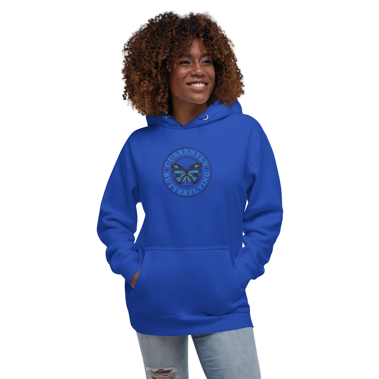 Currently Butterlying - Embroidered Premium Unisex Hoodie