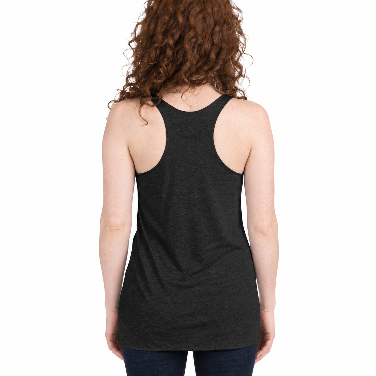 A woman viewed from the back wearing a dark charcoal heather racerback tank top and dark jeans, set against a plain white background.