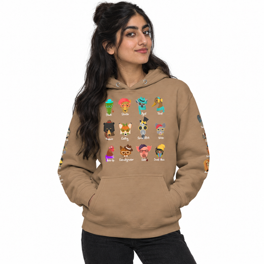 A woman modeling a tan hoodie with colorful cartoon animal graphics on the front and sleeves, set against a plain white background.
