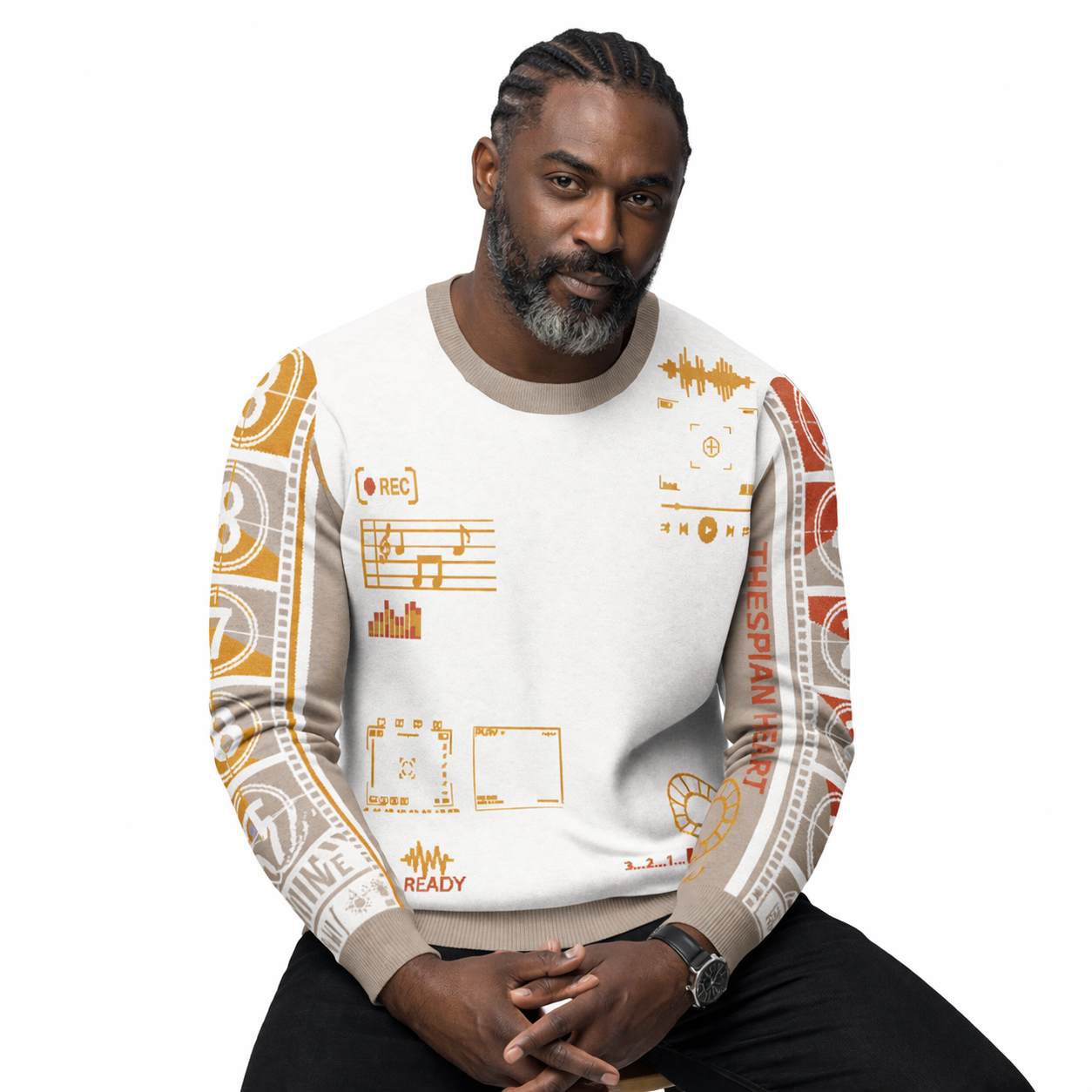 Countdown Sleeves: Music Soundwaves White Knitted Crew Neck Sweater
