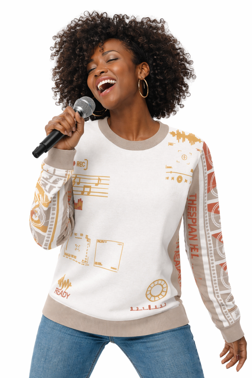 Countdown Sleeves: Music Soundwaves White Knitted Crew Neck Sweater