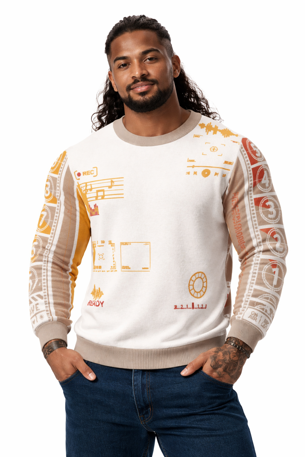 Countdown Sleeves: Music Soundwaves White Knitted Crew Neck Sweater