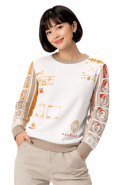Countdown Sleeves: Music Soundwaves White Knitted Crew Neck Sweater