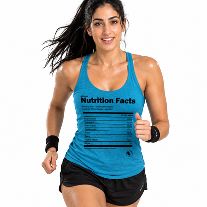 A woman running against a white background wearing a bright blue racerback tank top with a black 'Nutrition Facts' label graphic printed on the front, paired with black athletic shorts.