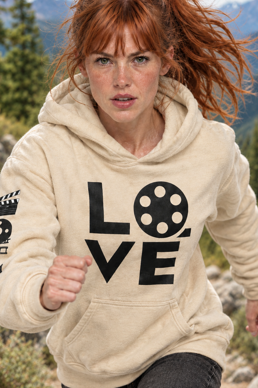 A woman with red hair wearing a beige fleece hoodie with a black graphic print that spells 'LOVE' using a film reel and clapperboard. She is running against a nature  background.