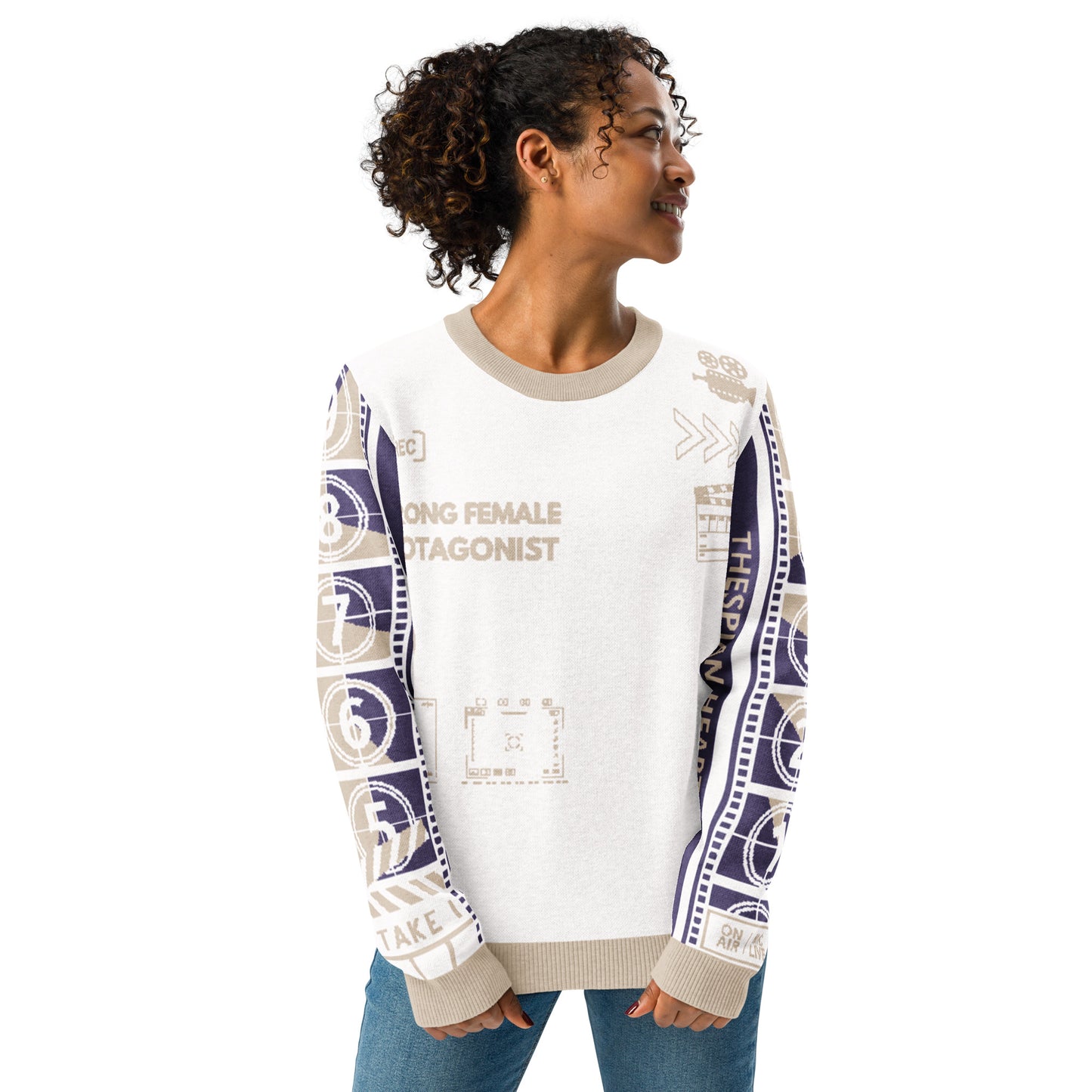 Purple White Strong Female Protagonist  Knitted Crew Neck Sweater