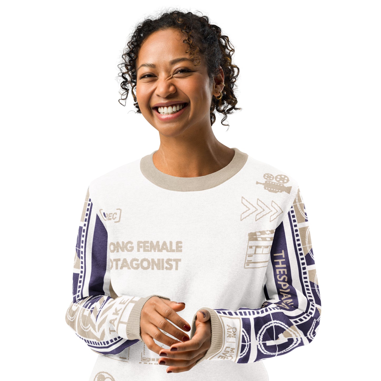 Purple White Strong Female Protagonist  Knitted Crew Neck Sweater