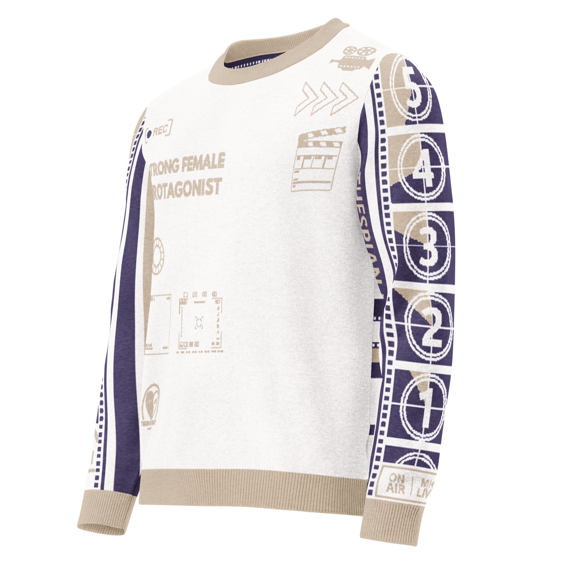 Sweatshirt with film reel design and text on a white background
