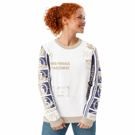 Purple White Strong Female Protagonist  Knitted Crew Neck Sweater