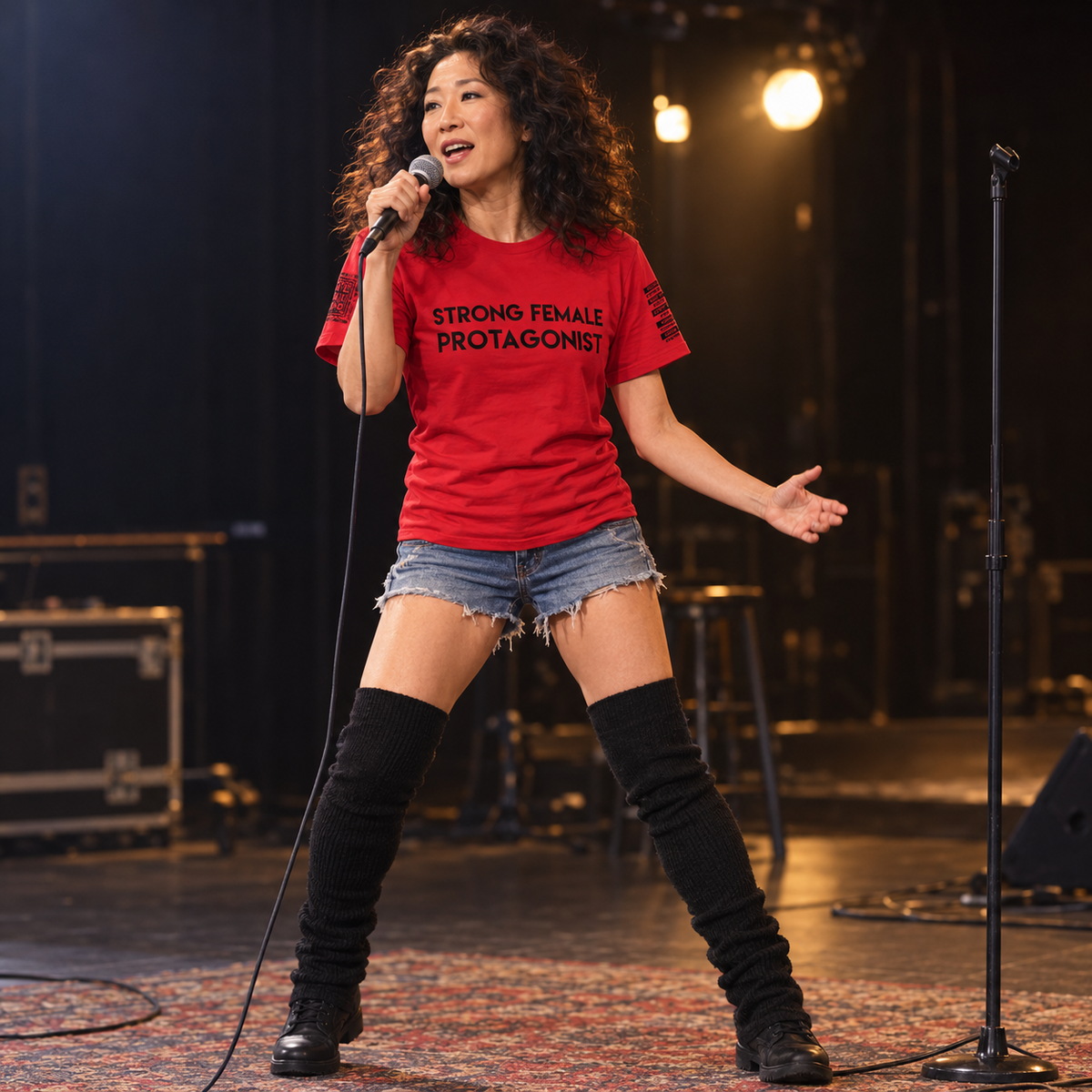 A woman stands on a stage holding a microphone, wearing a bright red graphic T-shirt that reads 'STRONG FEMALE PROTAGONIST' with denim cutoff shorts and black over-the-knee boots.