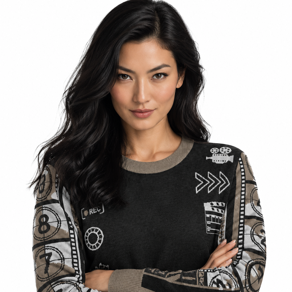 A woman modeling a black crewneck sweater with beige ribbed trim and graphic patches on the sleeves and chest, set against a plain white background.