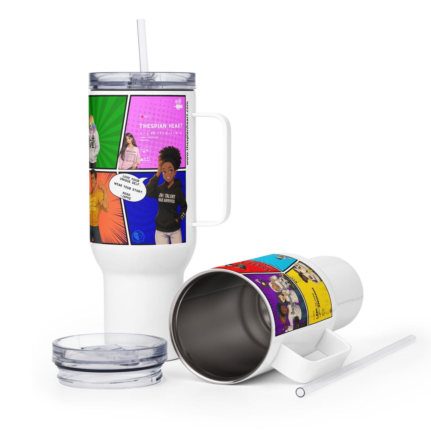 White insulated tumbler with colorful label featuring people and text on a white background