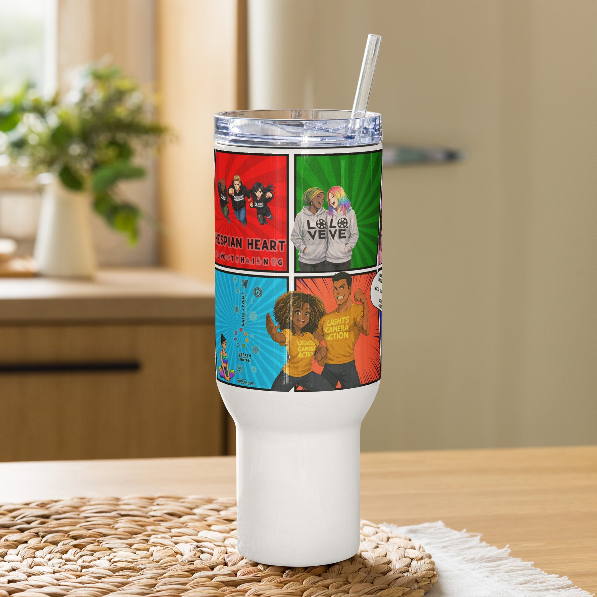 White tumbler with colorful design on a wooden table