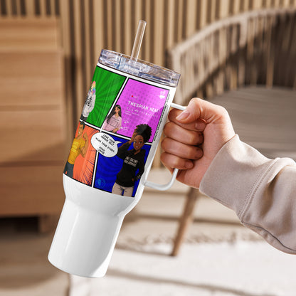 White tumbler with colorful label held by a hand in an indoor setting