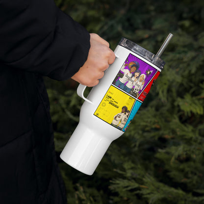 White tumbler with colorful design held by a person against a green foliage background