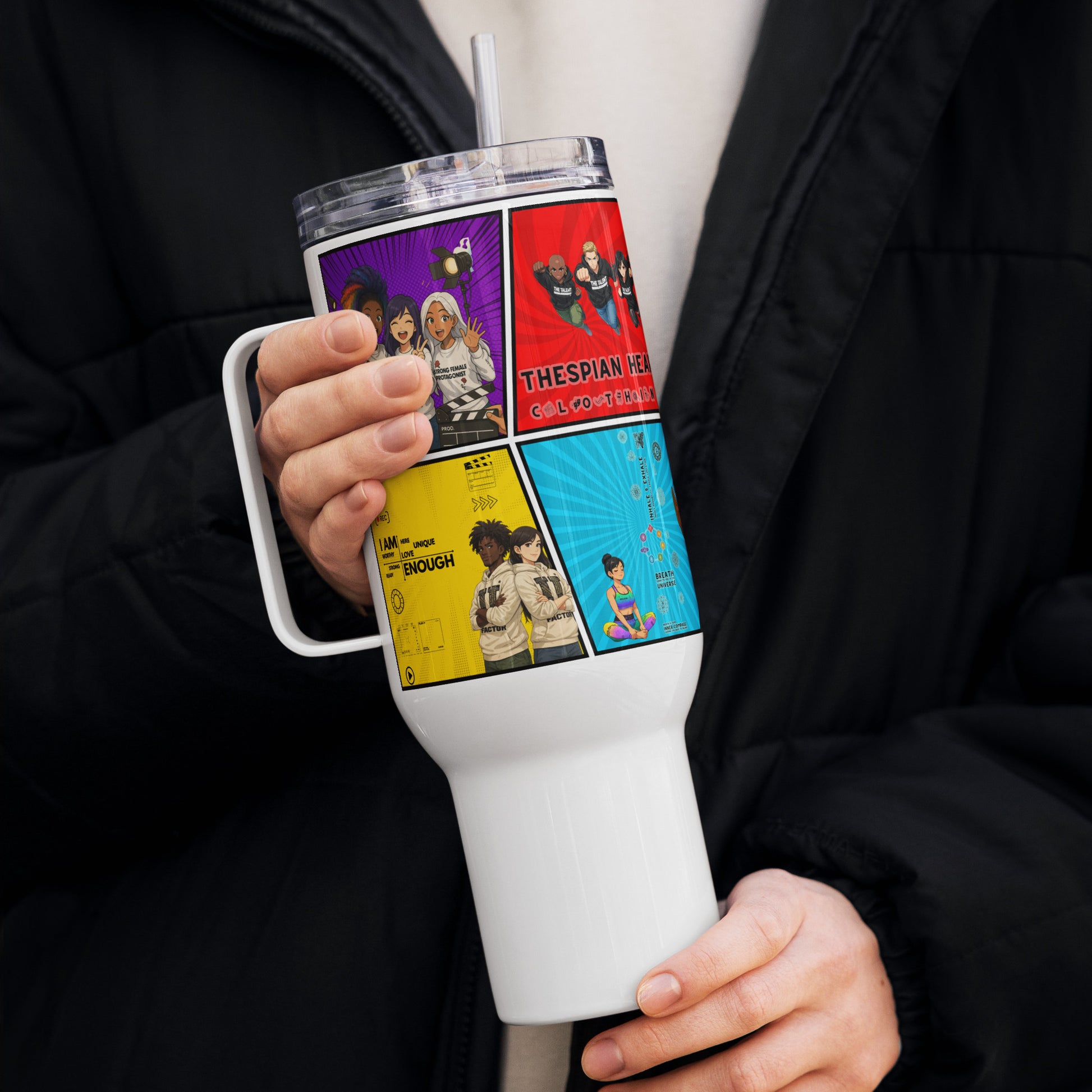 Person holding a white tumbler with colorful designs on a black background