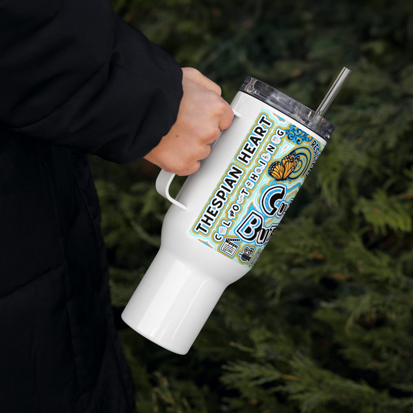 Currently Butterfly 40 oz Travel Mug with a handle