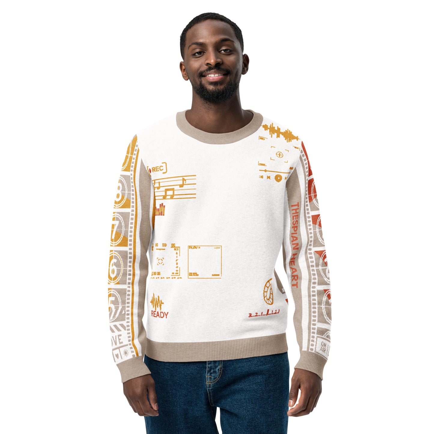 Countdown Sleeves: Music Soundwaves White Knitted Crew Neck Sweater
