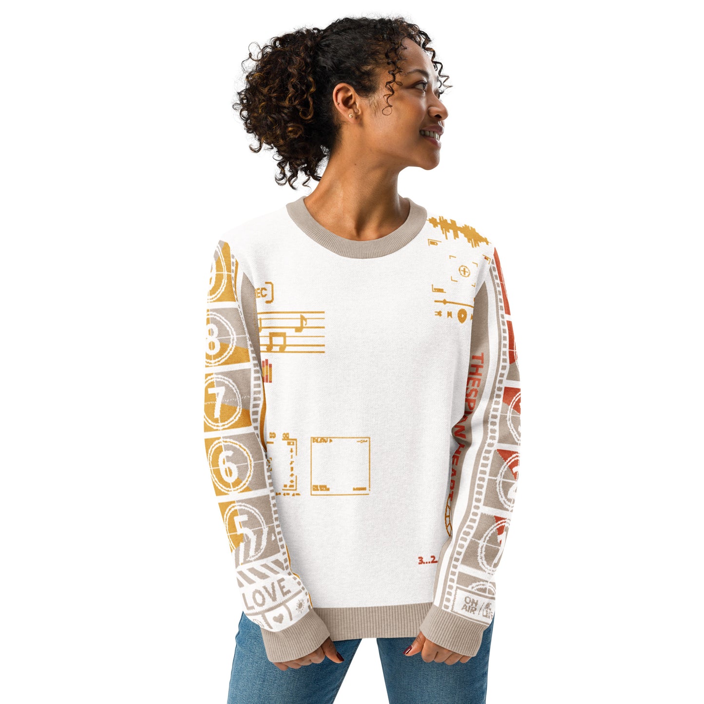Countdown Sleeves: Music Soundwaves White Knitted Crew Neck Sweater