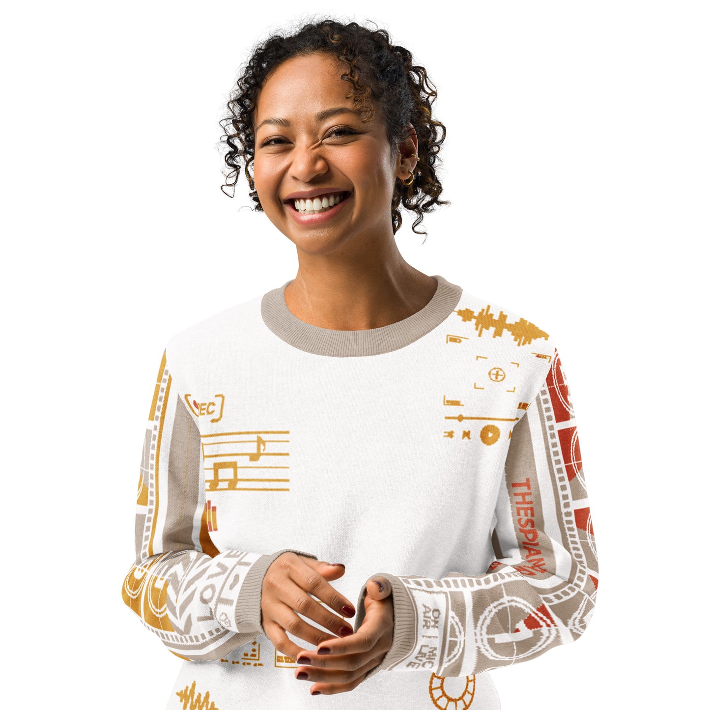 Countdown Sleeves: Music Soundwaves White Knitted Crew Neck Sweater