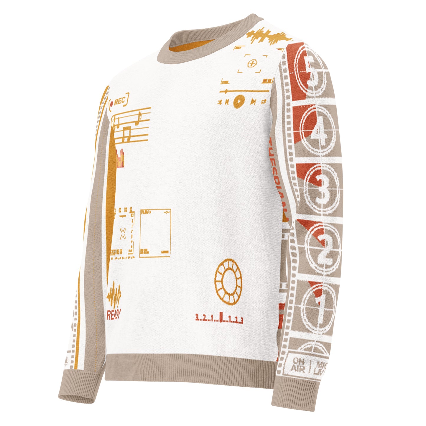 Countdown Sleeves: Music Soundwaves White Knitted Crew Neck Sweater