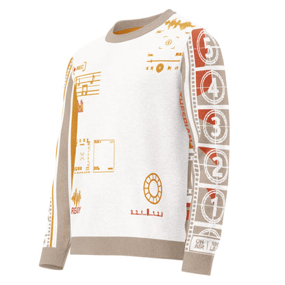 Countdown Sleeves: Music Soundwaves White Knitted Crew Neck Sweater