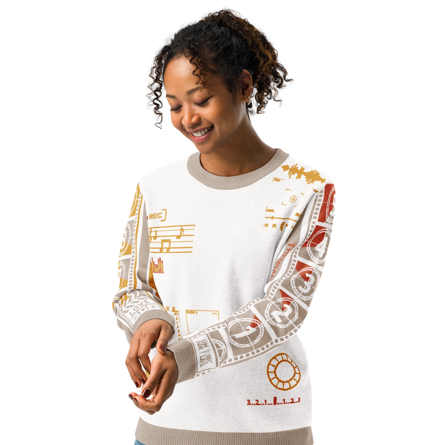 Countdown Sleeves: Music Soundwaves White Knitted Crew Neck Sweater