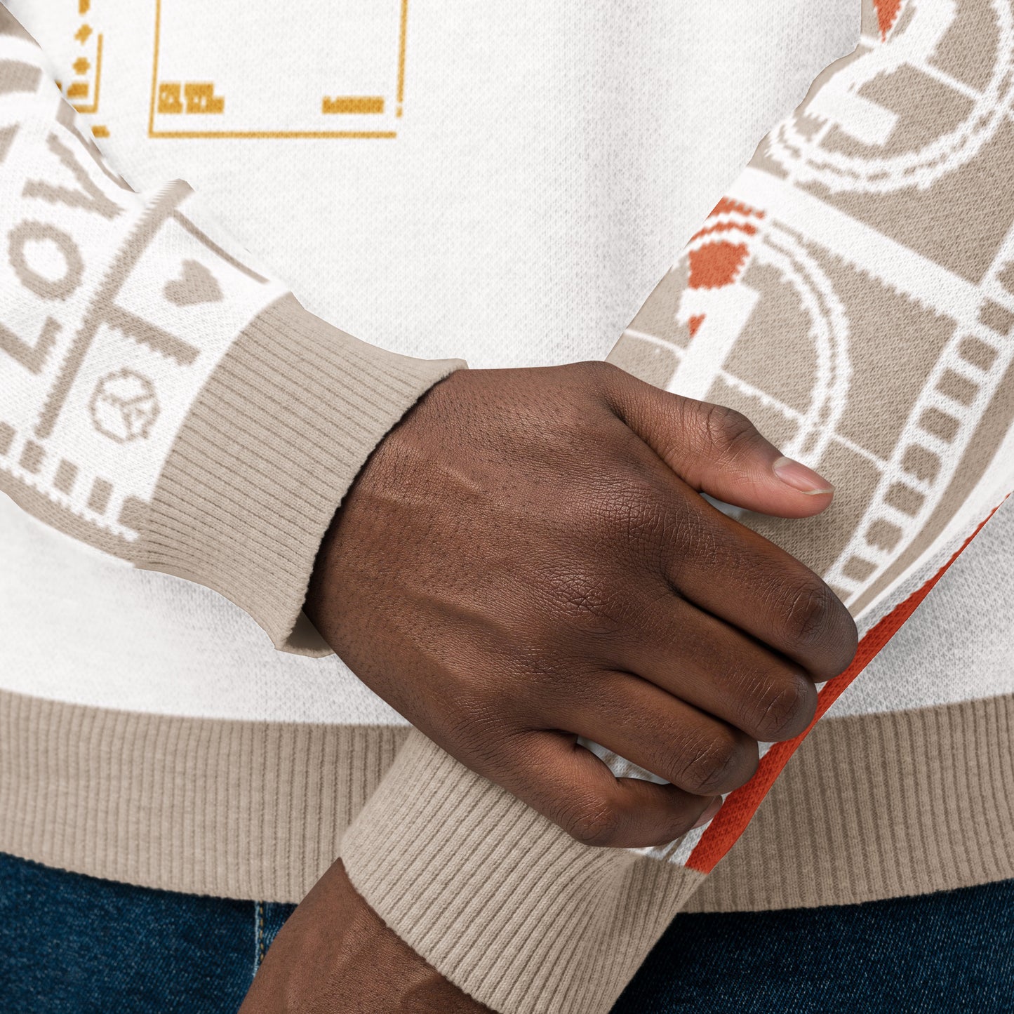 Countdown Sleeves: Music Soundwaves White Knitted Crew Neck Sweater