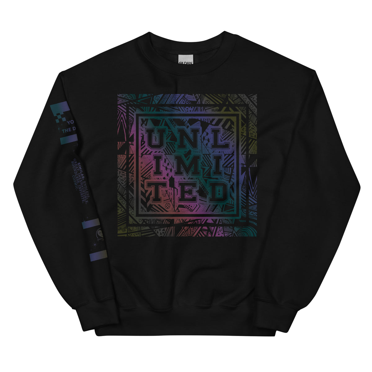 A black crewneck sweatshirt featuring a large square graphic on the chest with the word 'UNLIMITED' in a stylized, colorful font over a geometric pattern. The graphic has a purple, blue, and green gradient.