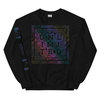 A black crewneck sweatshirt featuring a large square graphic on the chest with the word 'UNLIMITED' in a stylized, colorful font over a geometric pattern. The graphic has a purple, blue, and green gradient.