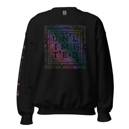 A black crewneck sweatshirt featuring a large square graphic on the chest with the text 'UNLIMITED' in a stylized, colorful font over a circuit board pattern. The graphic has a purple, blue, and green gradient.