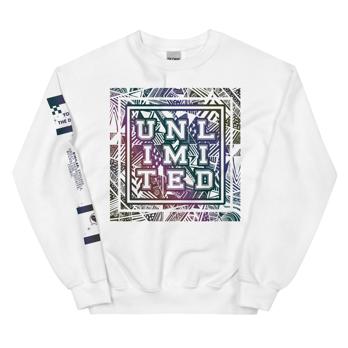 A white crewneck sweatshirt featuring a colorful graphic print on the front with the text 'UNLIMITED' in a stylized geometric pattern, and additional graphics printed on both sleeves.