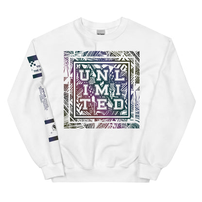 A white crewneck sweatshirt featuring a colorful graphic print on the front with the text 'UNLIMITED' in a stylized geometric pattern, and additional graphics printed on both sleeves.