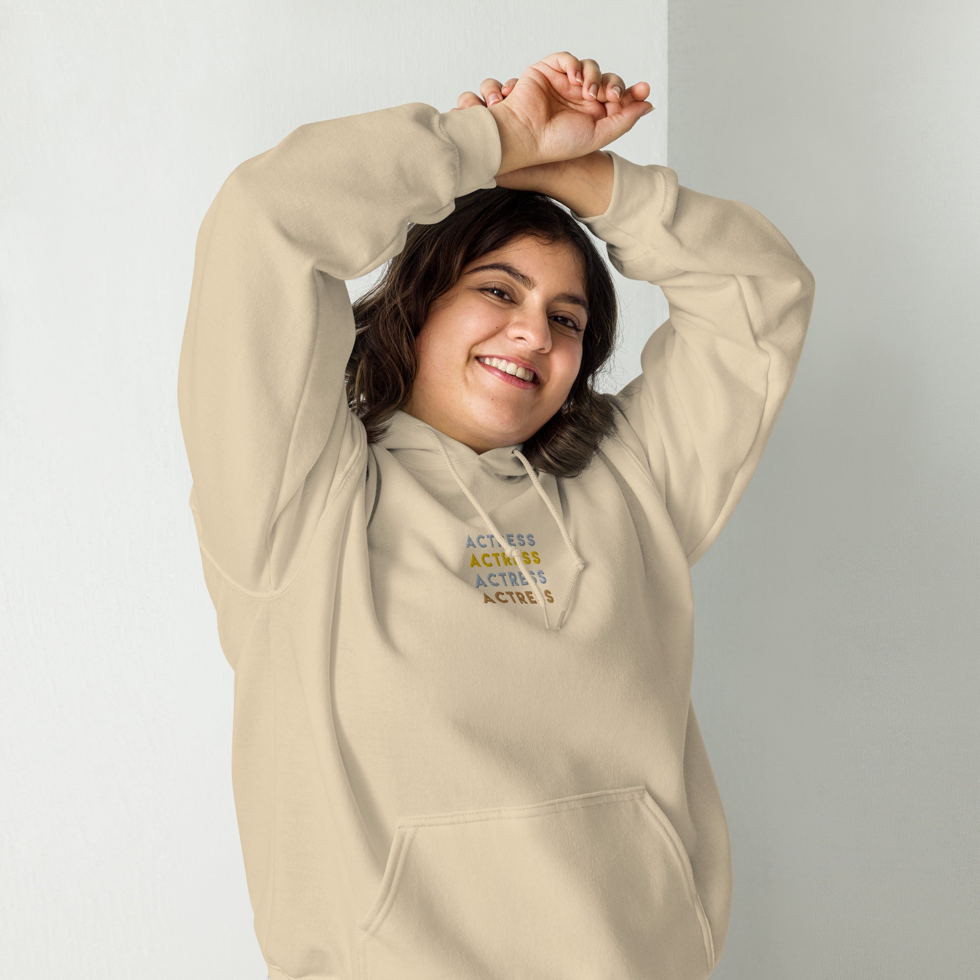 Actress Embroidered Gold Unisex Hoodie in Sand Color Happy Lady| Gift for Actresses Actors