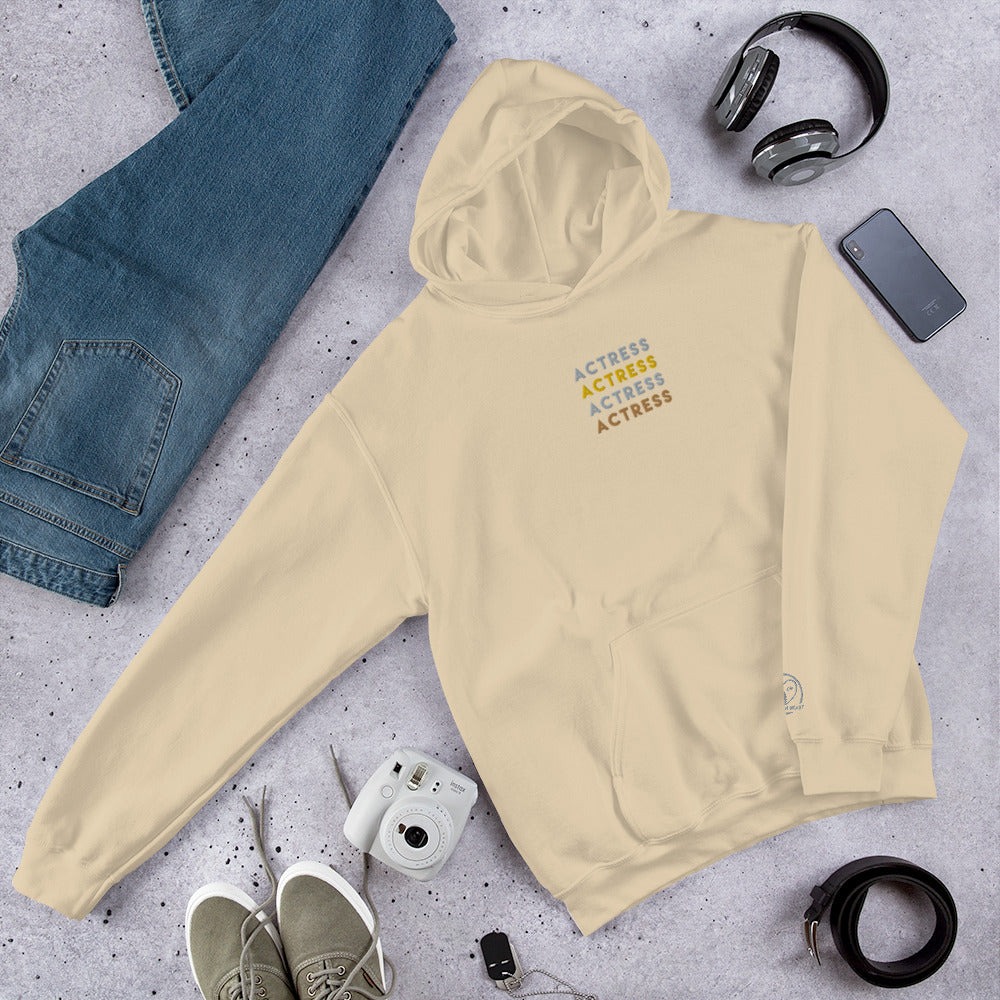 Actress Embroidered Gold Unisex Hoodie in Sand Color Mockup | Gift for Actresses Actors