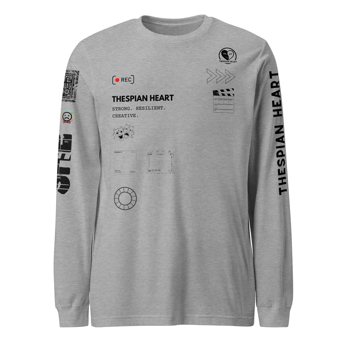 A light heather gray long-sleeve t-shirt with black graphic prints and text on the front and sleeves, featuring 'THESPIAN HEART' on the right sleeve and various abstract designs on the left sleeve and chest.