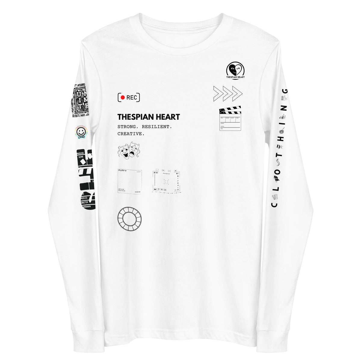 A white long-sleeve t-shirt with black graphic prints and text on the front and sleeves, including 'THESPIAN HEART' and various film production style icons.