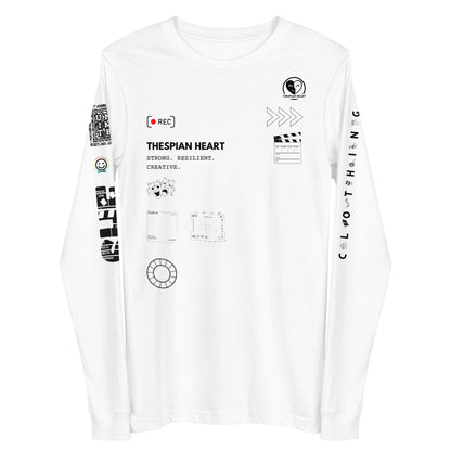 A white long-sleeve t-shirt with black graphic prints and text on the front and sleeves, including 'THESPIAN HEART' and various film production style icons.