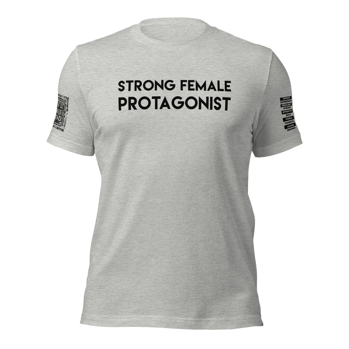 Gray t-shirt with black text on a white background