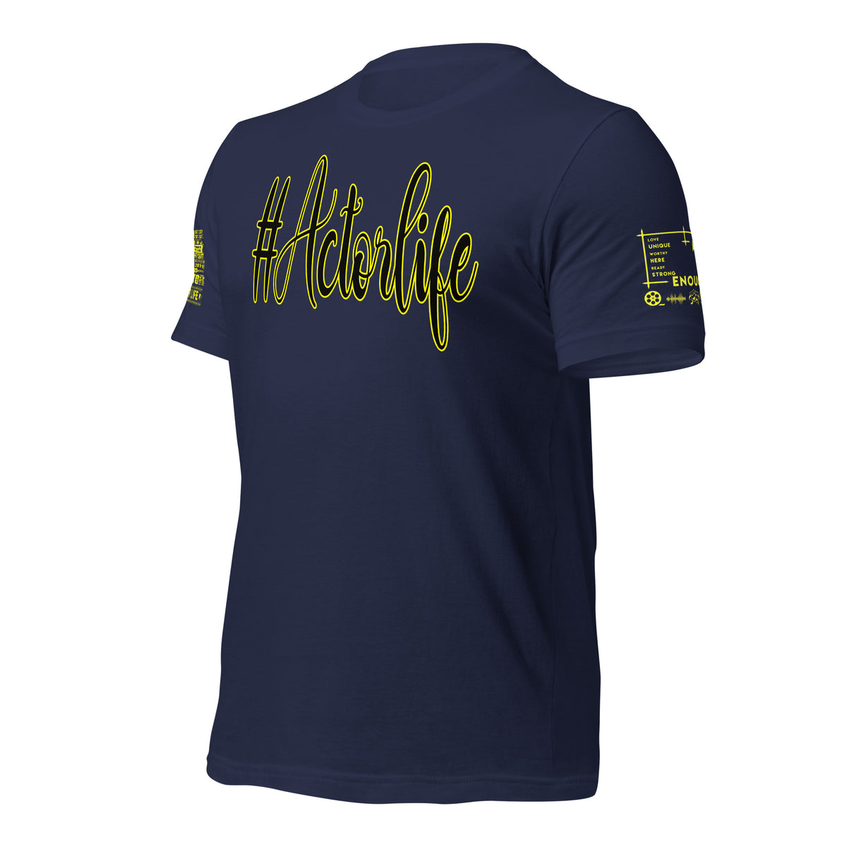 A navy blue short-sleeve t-shirt shown from the back, featuring the text '#Actorlife' printed in a yellow cursive outline across the upper back. The right sleeve (viewer's left) has a small yellow graphic, and the left sleeve (viewer's right) features a small white and yellow measurement-style graphic.