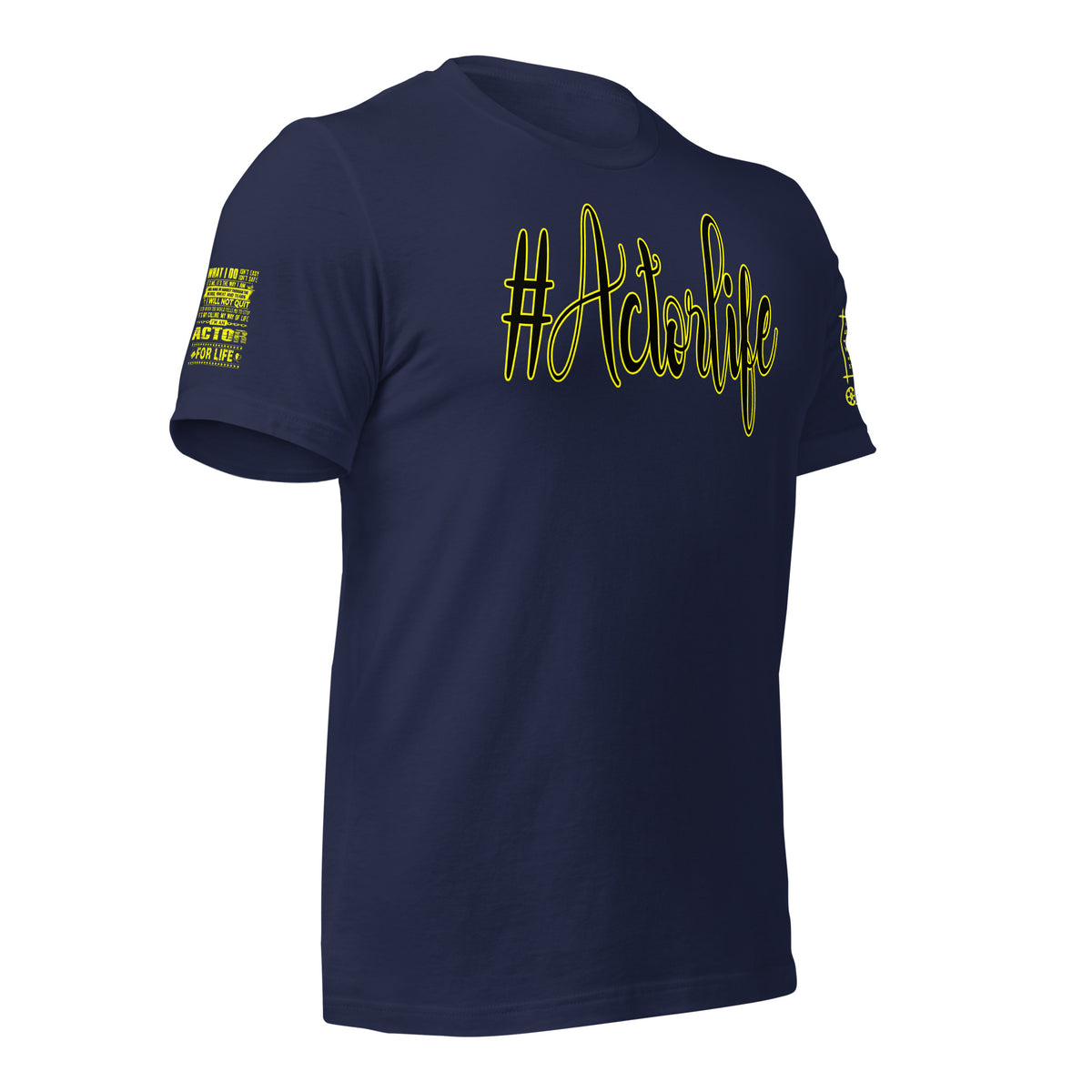 A navy blue short-sleeve t-shirt with yellow graphic text reading '#ActionLife' across the chest and yellow text printed on both sleeves, shown on a plain white background.