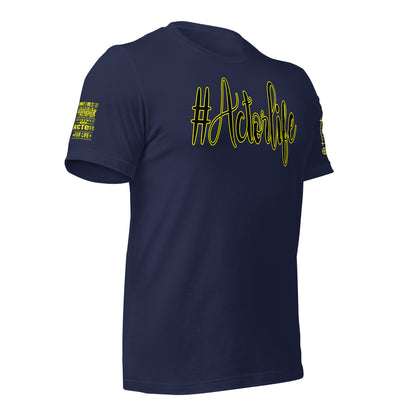 A navy blue short-sleeve t-shirt with yellow graphic text reading '#ActionLife' across the chest and yellow text printed on both sleeves, shown on a plain white background.