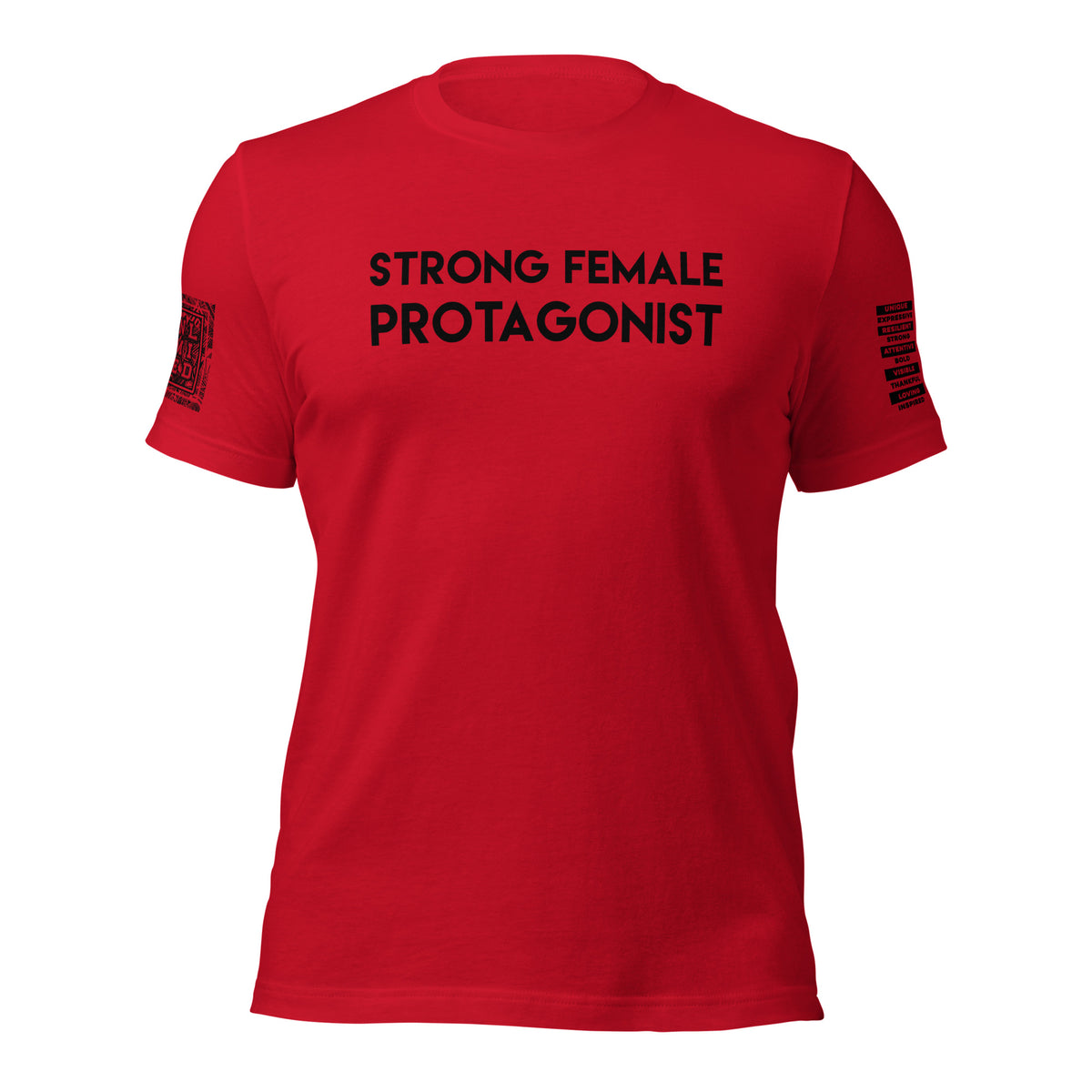 A red short-sleeve crewneck t-shirt with the words 'STRONG FEMALE PROTAGONIST' printed in black capital letters across the chest. The right sleeve features a black graphic with the text 'OLD SCHOOL' stacked vertically, and the left sleeve has a matching vertical graphic.
