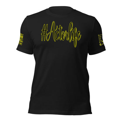 Black t-shirt with a gold skull and crossbones design on a white background