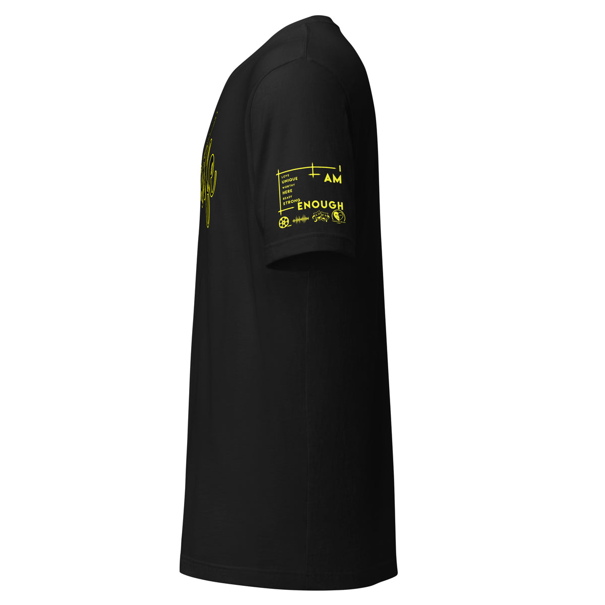 Black t-shirt with yellow logo on a white background