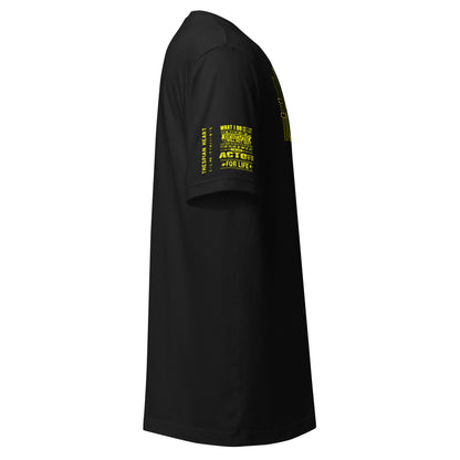 Black t-shirt with a colorful graphic on the sleeve against a white background
